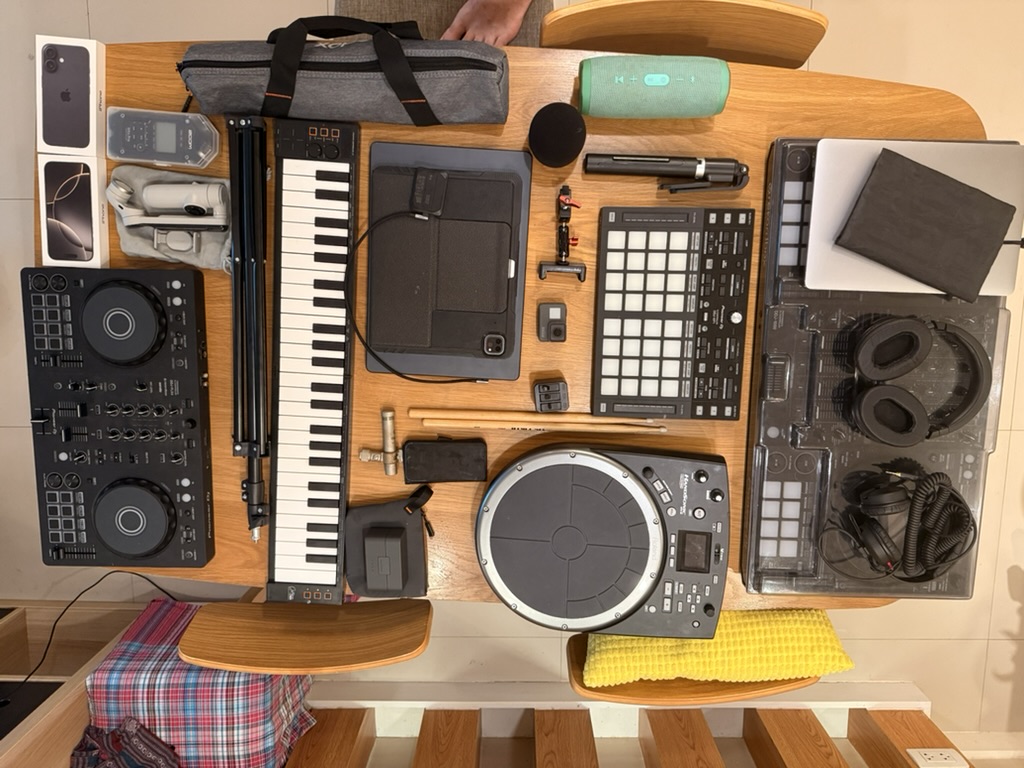 The DJ, production and percussion equipment packed for the road